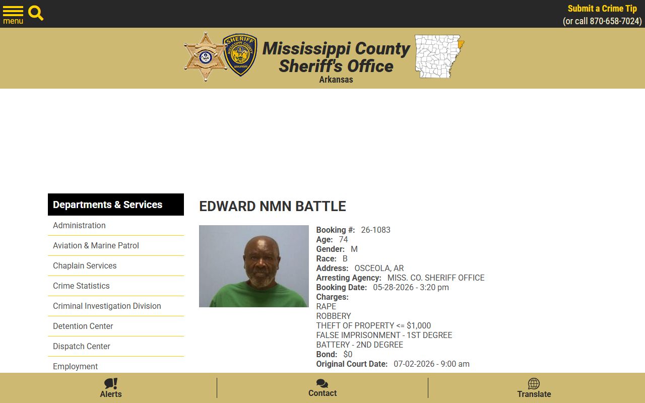 Mississippi County booking photo sample inmate profile fields