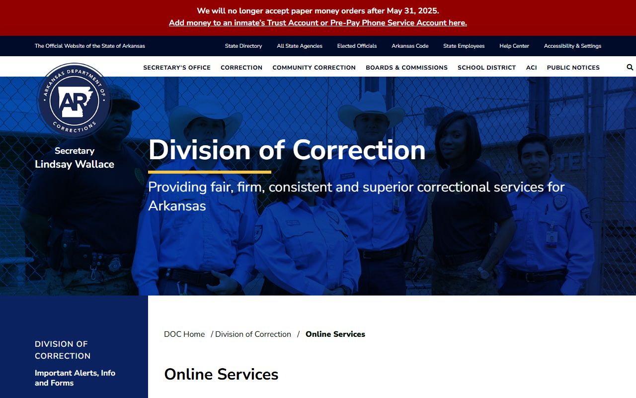 Arkansas DOC online services for Northeast Arkansas Community Correction Center deposits and calls